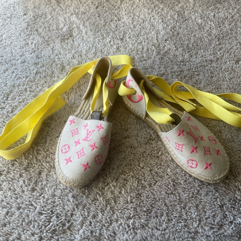 Louis Vuitton Pink Monogram Espadrille Sandals with Yellow Ribbon Ties